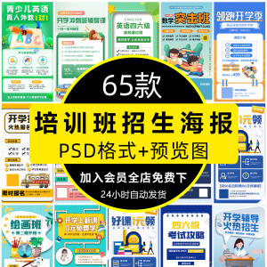 【虚拟电商货源】培训班招生语文数学英语辅导班寒暑假宣传海报PSD设计素材模板PS-知享资源网