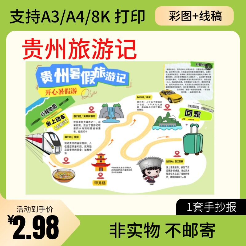 贵州旅行记手账手抄报旅游所见贵州名胜古迹假期导游图美食风景-淘宝虚拟仓