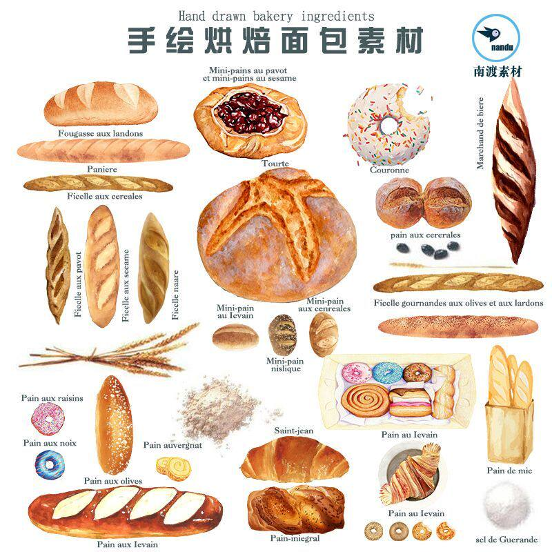 手绘水彩面包烘焙法棍甜甜圈甜点手账卡片PNG免扣图设计素材-淘宝虚拟仓
